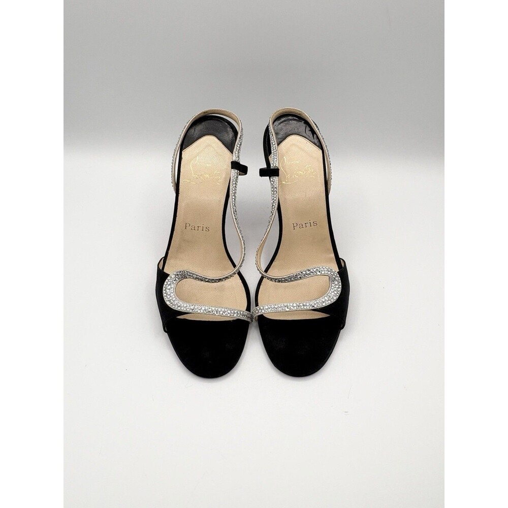Christian Louboutin Black Satin Slingback Heels Rhinestone Accents Size EU 39